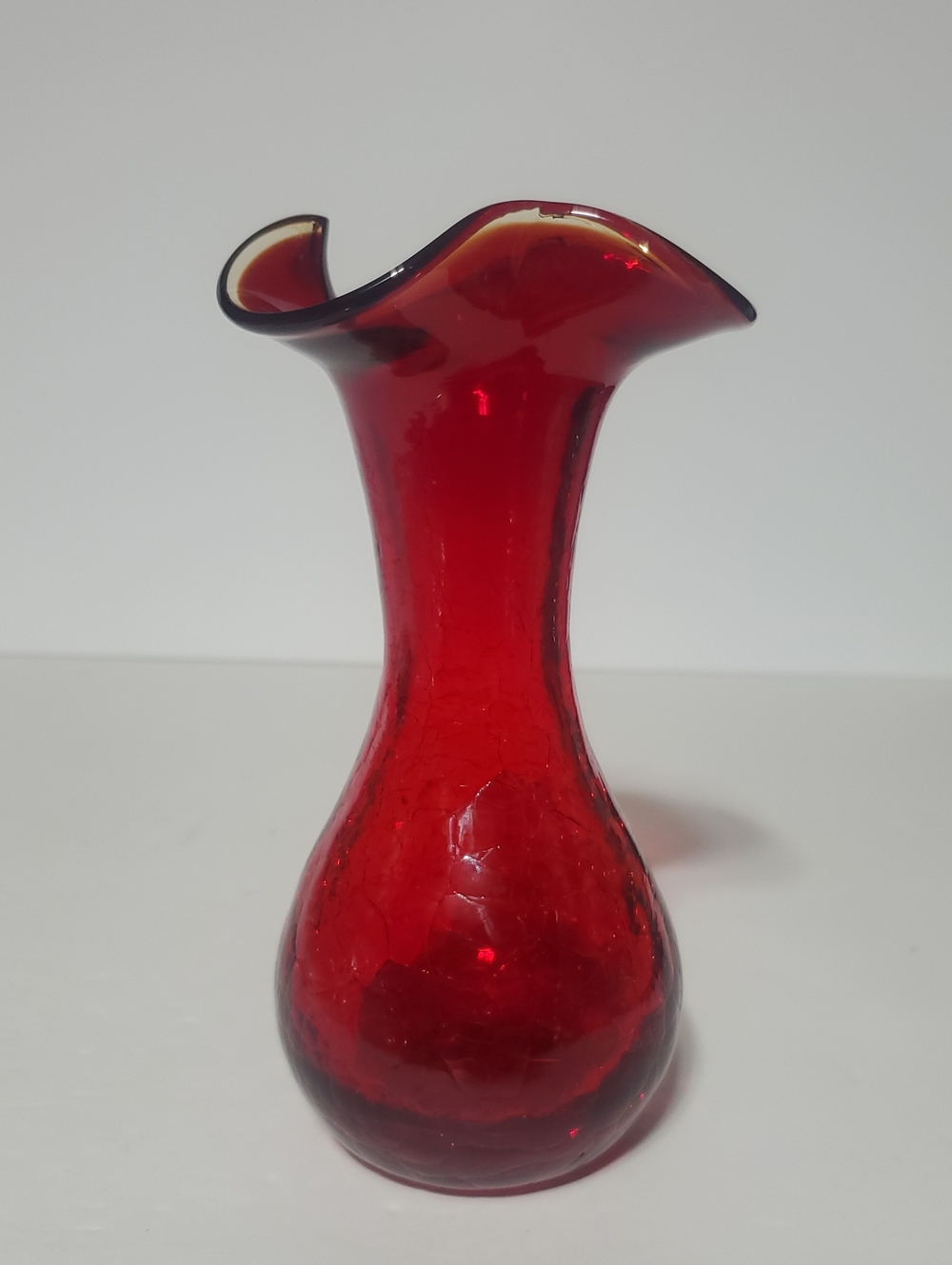 Vtg Hand Blown Ruby Red Crackle Crimped Vase